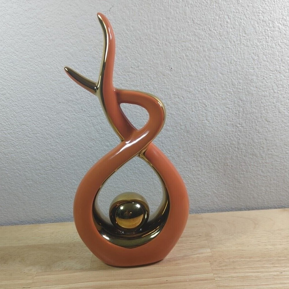 Modern Abstract Coral and Gold Ceramic Sculpture Orb Flame Decor 13.5 Inch